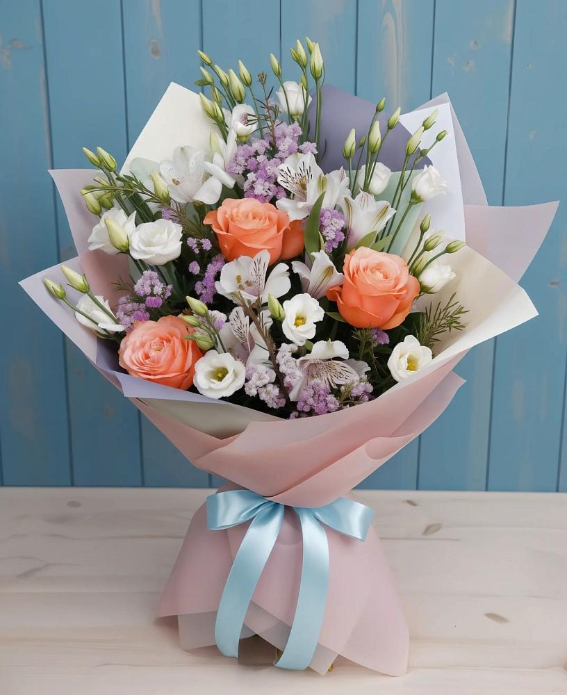 Букет цветов из: Лизиантусы, Розы, Альстромерии и Гипсофила в Анучино