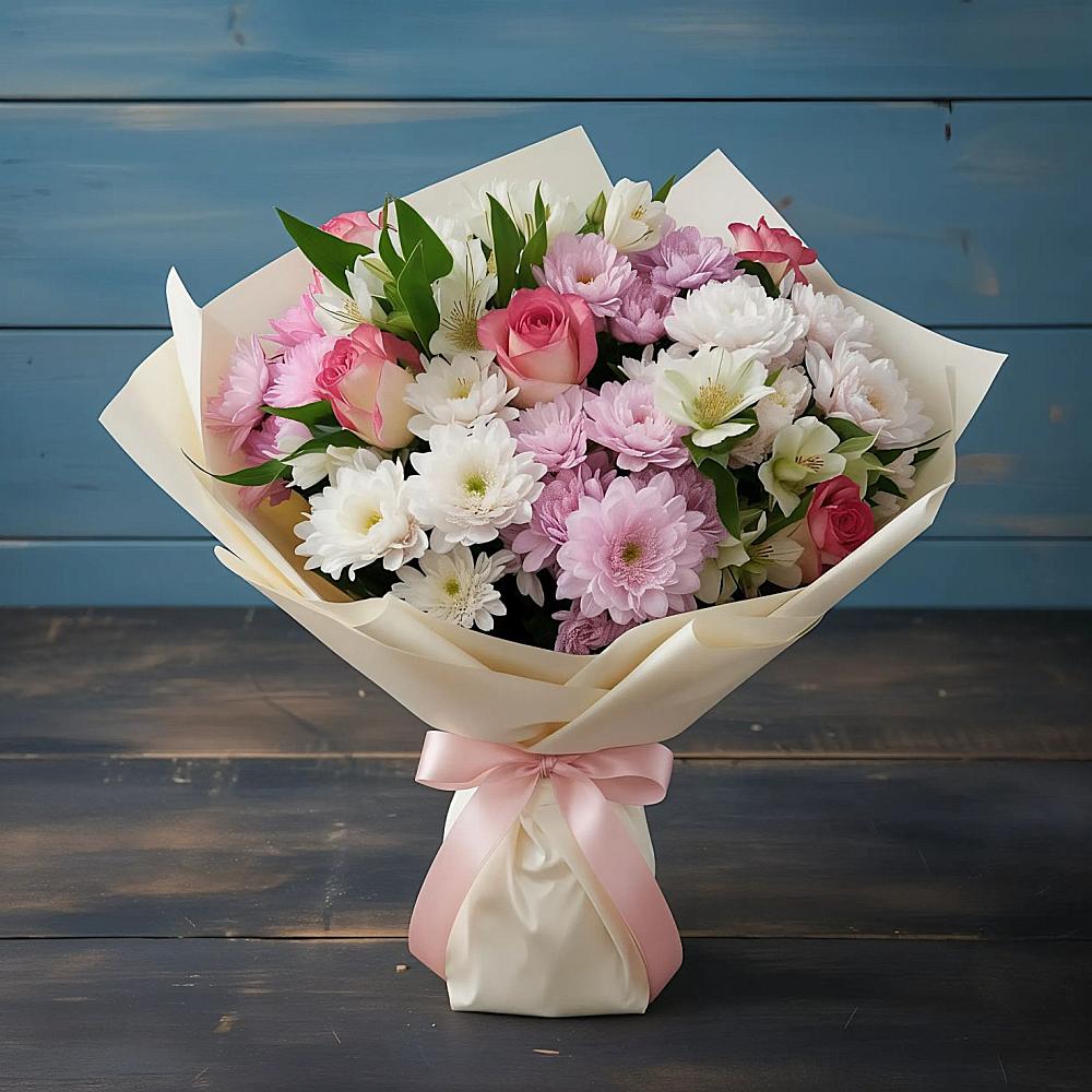 Букет цветов из: Хризантемы, Альстромерии и Розы в Анучино